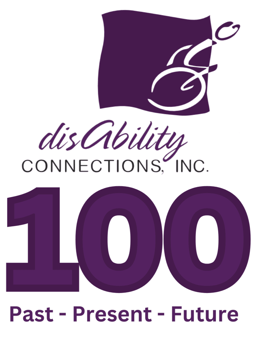 disAbility Connections logo with 100 below it and Past - Present - Future at the bottom